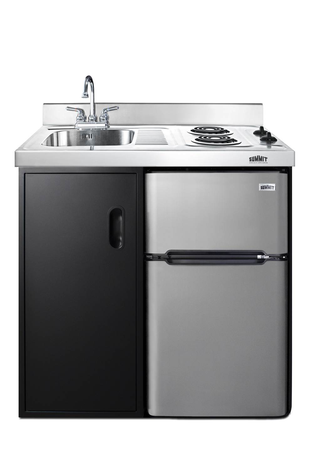 36 inch wide all-in-one kitchenette in black with a 2-burner 115V radiant cooktop, 2-door refrigerator-freezer, sink, and storage cabinet
